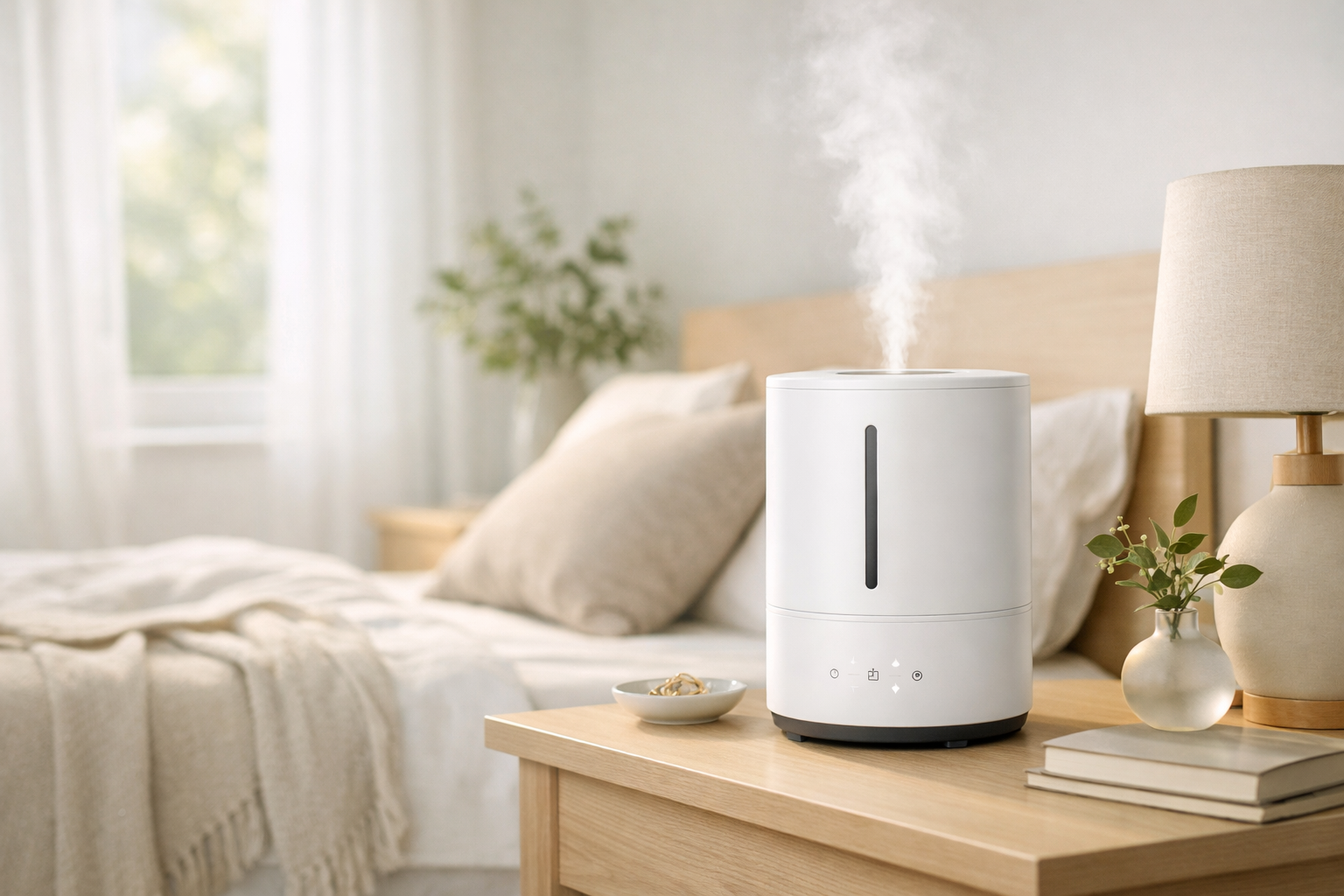 Modern humidifier in a serene bedroom